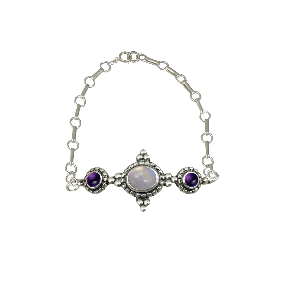 Sterling Silver Gemstone Adjustable Chain Bracelet With Rainbow Moonstone And Amethyst
